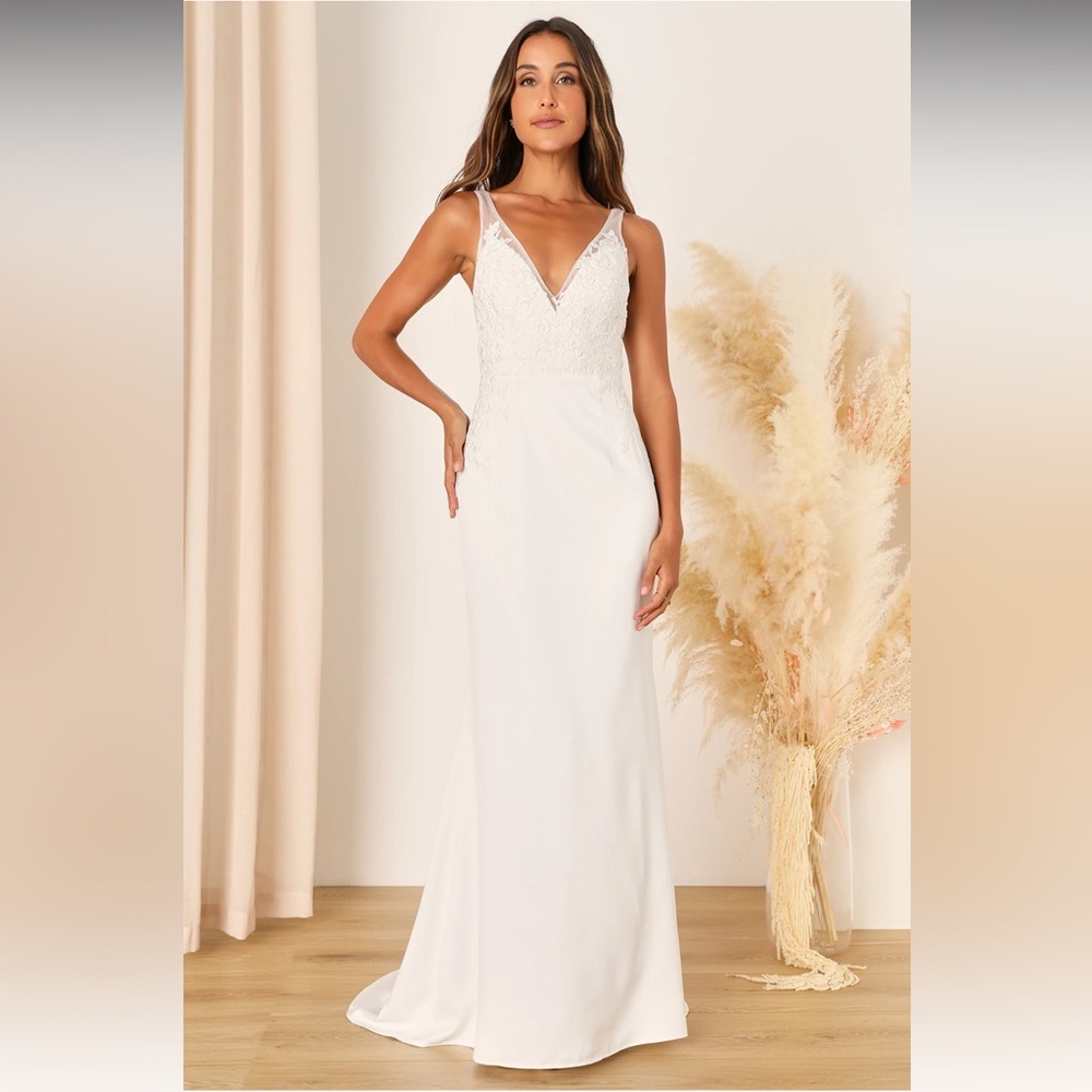 Precious Promise White Satin Embroidered Lace Mermaid Maxi Dress